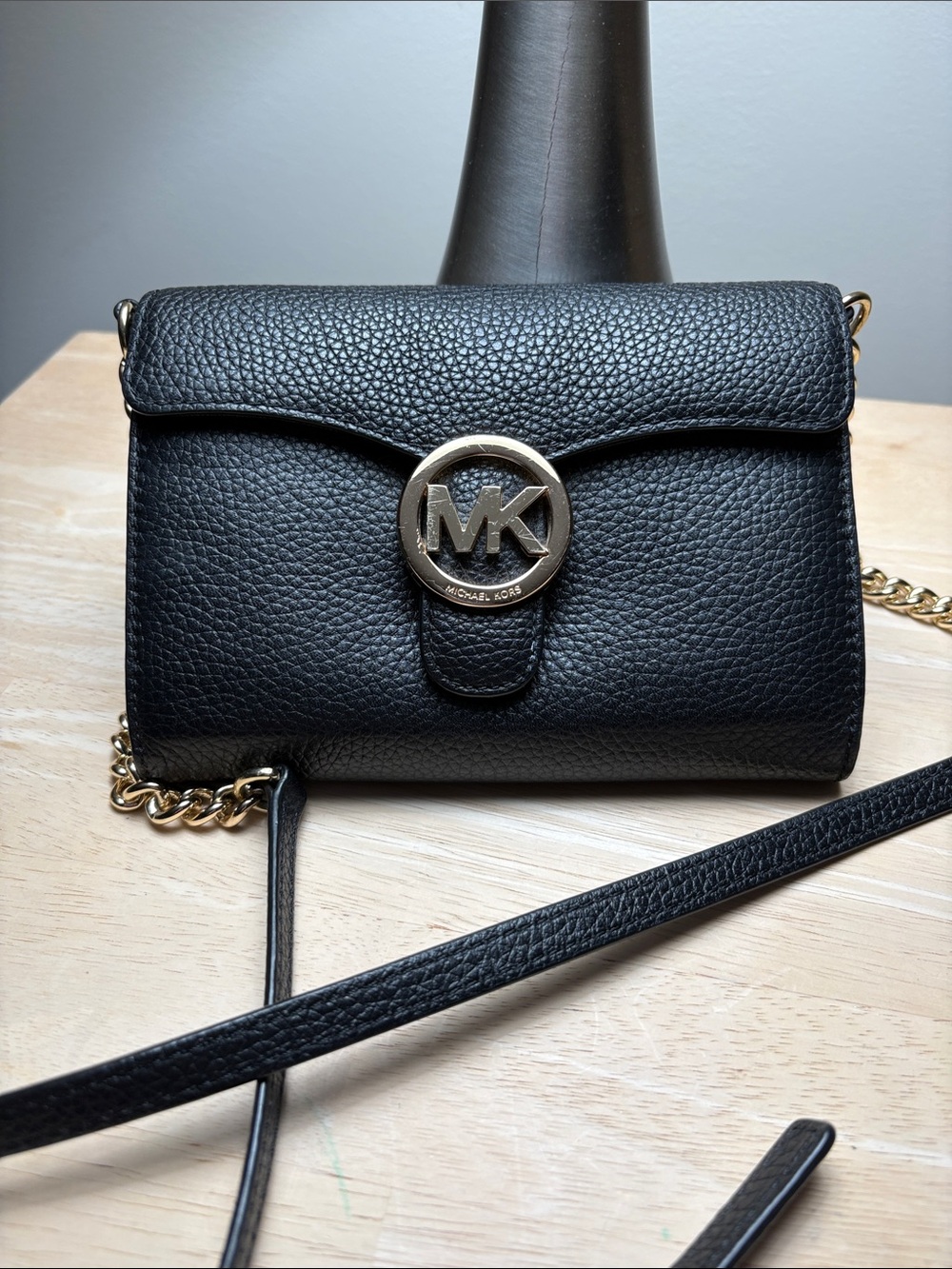 Michael Kors Black Pebbled Leather Crossbody with Gold Logo Disc